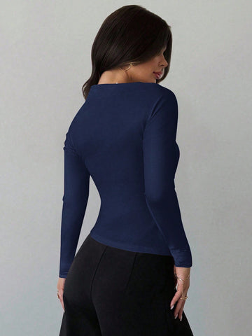 Asymmetric Shoulder Long Sleeve Wrap Ruched Waist Tight Fitting Slim T-Shirt