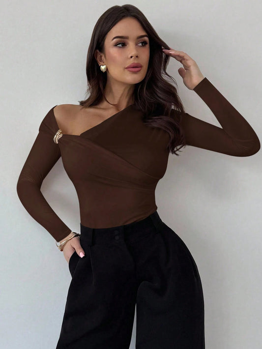 Asymmetric Shoulder Long Sleeve Wrap Ruched Waist Tight Fitting Slim T-Shirt