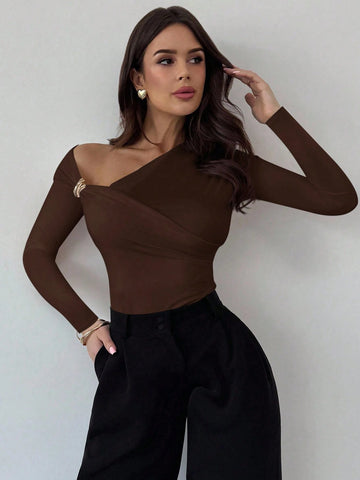 Asymmetric Shoulder Long Sleeve Wrap Ruched Waist Tight Fitting Slim T-Shirt