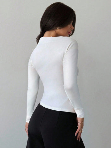 Asymmetric Shoulder Long Sleeve Wrap Ruched Waist Tight Fitting Slim T-Shirt