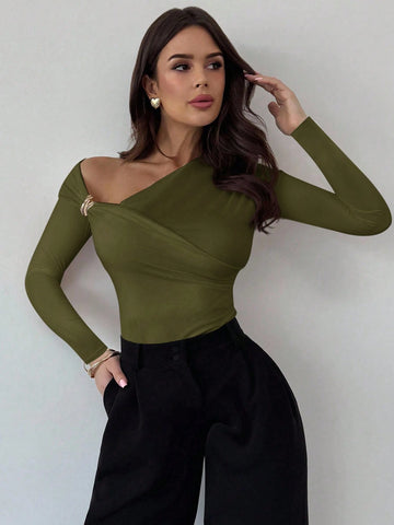 Asymmetric Shoulder Long Sleeve Wrap Ruched Waist Tight Fitting Slim T-Shirt