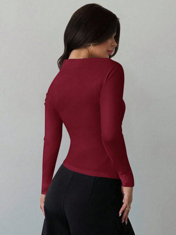 Asymmetric Shoulder Long Sleeve Wrap Ruched Waist Tight Fitting Slim T-Shirt