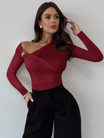 Asymmetric Shoulder Long Sleeve Wrap Ruched Waist Tight Fitting Slim T-Shirt