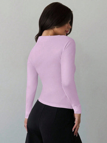 Asymmetric Shoulder Long Sleeve Wrap Ruched Waist Tight Fitting Slim T-Shirt