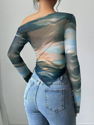 Women's Floral Print Asymmetric Shoulder Long Sleeve T-Shirt