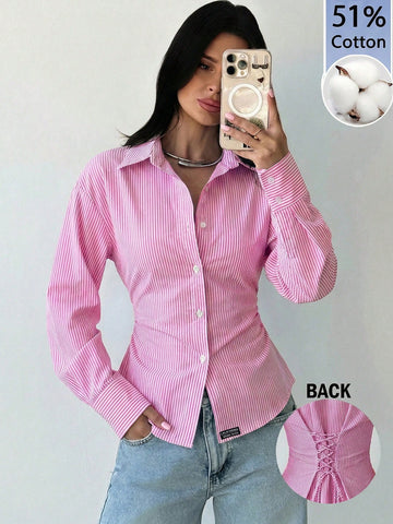 Women's White Long Sleeve Tie-Waist Shirt