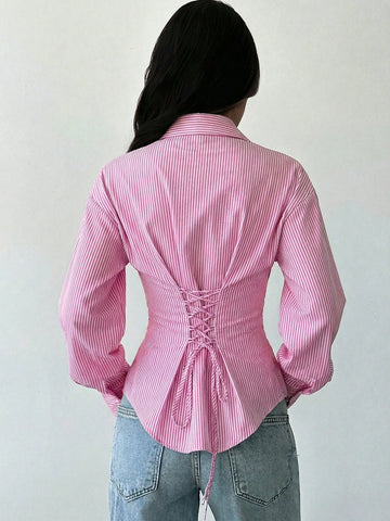 Women's White Long Sleeve Tie-Waist Shirt