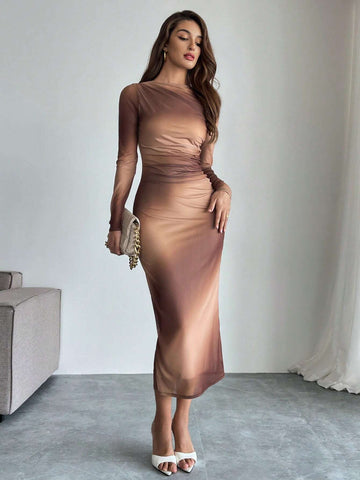 Women's Round Neck Long Sleeve Tie-Dye Printed Bodycon Long Dress