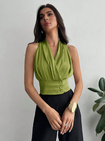 Women's Button Decorated Waist Fitted Elegant Commute Satin Blouse