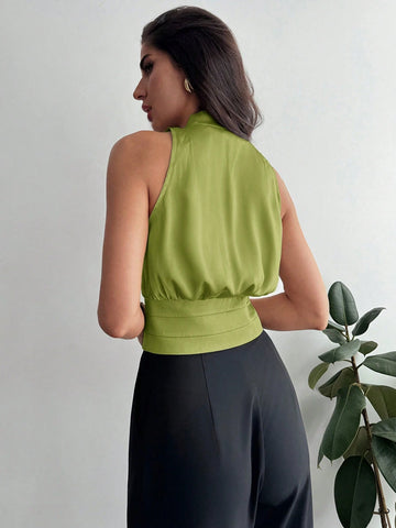 Women's Button Decorated Waist Fitted Elegant Commute Satin Blouse