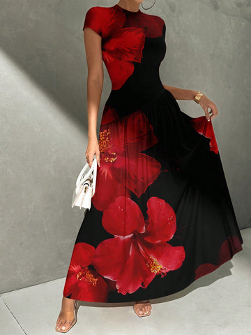 Asymmetrical A-Line Midi Dress With Stand Collar And Cinch Waist