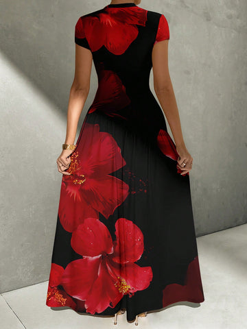 Asymmetrical A-Line Midi Dress With Stand Collar And Cinch Waist