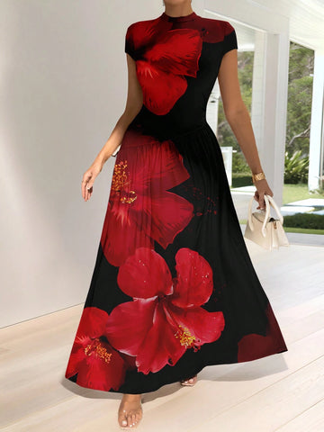 Asymmetrical A-Line Midi Dress With Stand Collar And Cinch Waist