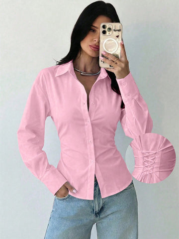 Women's White Long Sleeve Tie-Waist Shirt