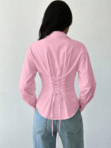 Women's White Long Sleeve Tie-Waist Shirt