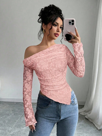 Women's Floral Print Asymmetric Shoulder Long Sleeve T-Shirt