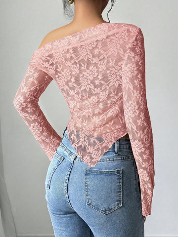 Women's Floral Print Asymmetric Shoulder Long Sleeve T-Shirt