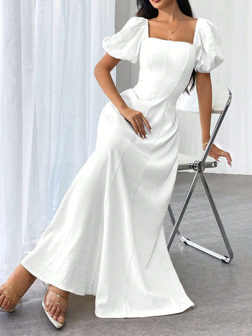 Women Elegant Solid Color Square Neck Puff Sleeve Waisted Flare Hem Dress