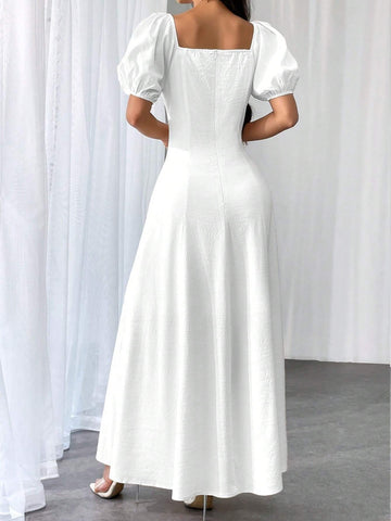 Women Elegant Solid Color Square Neck Puff Sleeve Waisted Flare Hem Dress