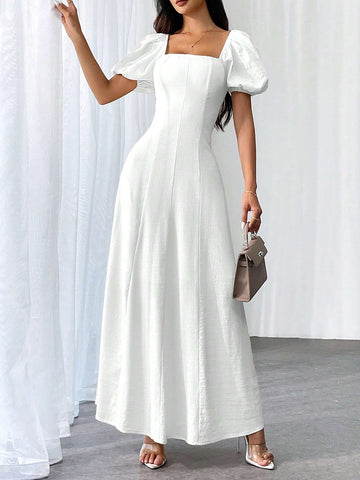 Women Elegant Solid Color Square Neck Puff Sleeve Waisted Flare Hem Dress