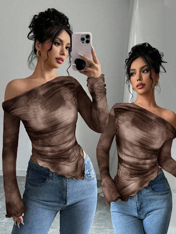 Women's Floral Print Asymmetric Shoulder Long Sleeve T-Shirt