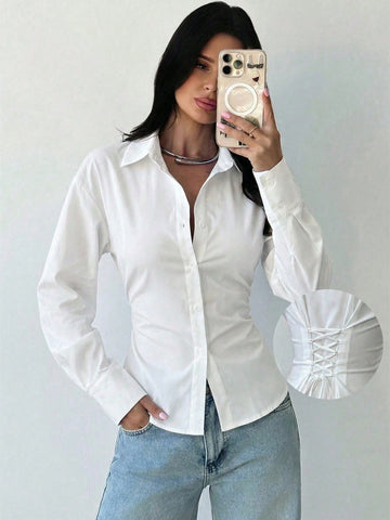 Women's White Long Sleeve Tie-Waist Shirt
