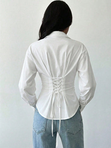 Women's White Long Sleeve Tie-Waist Shirt