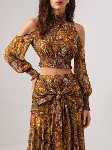 Fleur Di Lis by Marina Pereira Snakeskin Print Cold Shoulder Crop Top & Knot Front Asymmetrical Hem Skirt