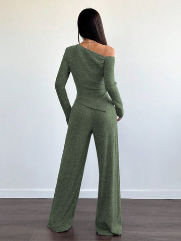 Women's Casual Asymmetrical Shoulder Fuzzy T-Shirt + Wide Leg Low Waist Pants