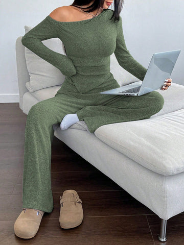 Women's Casual Asymmetrical Shoulder Fuzzy T-Shirt + Wide Leg Low Waist Pants