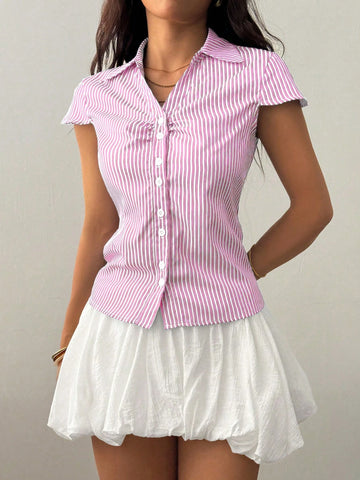 Flirla Casual Style Cinched Waist Front Open Hooded Short Sleeve Shirt