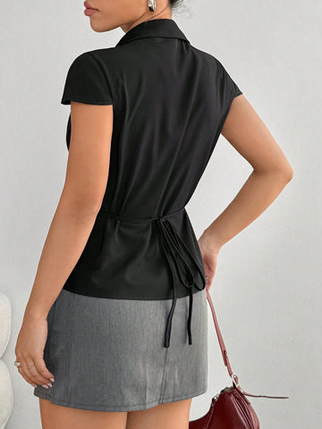 Flirla Casual Style Cinched Waist Front Open Hooded Short Sleeve Shirt
