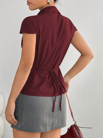 Flirla Casual Style Cinched Waist Front Open Hooded Short Sleeve Shirt