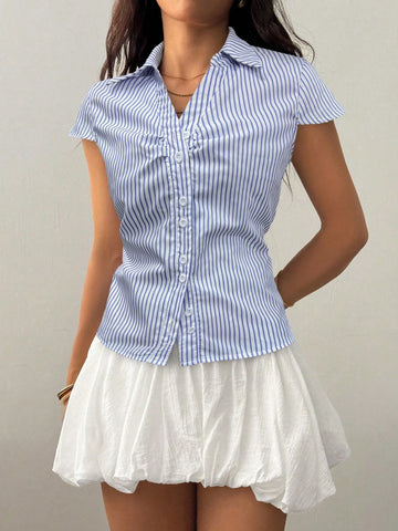 Flirla Casual Style Cinched Waist Front Open Hooded Short Sleeve Shirt