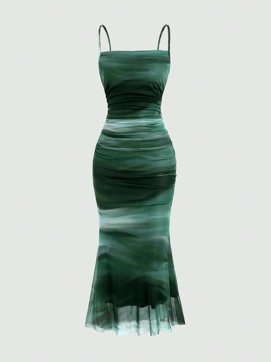 Sweetra Summer Tie Dye Ombre Mesh Pleated Empire Waist Mermaid Hem Cami Dress