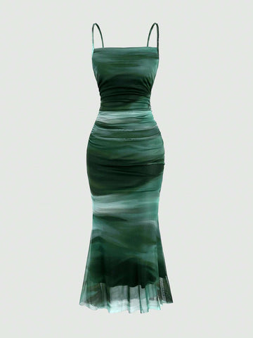 Sweetra Summer Tie Dye Ombre Mesh Pleated Empire Waist Mermaid Hem Cami Dress