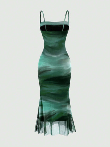 Sweetra Summer Tie Dye Ombre Mesh Pleated Empire Waist Mermaid Hem Cami Dress