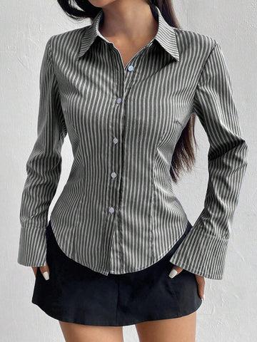 Women's Casual Slim Fit Striped Long Sleeve Shirt
