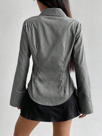 Women's Casual Slim Fit Striped Long Sleeve Shirt