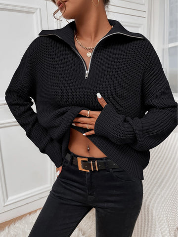 Flirla Ribbed Knit Half Zipper Drop Shoulder Sweater