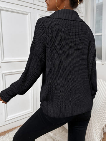 Flirla Ribbed Knit Half Zipper Drop Shoulder Sweater