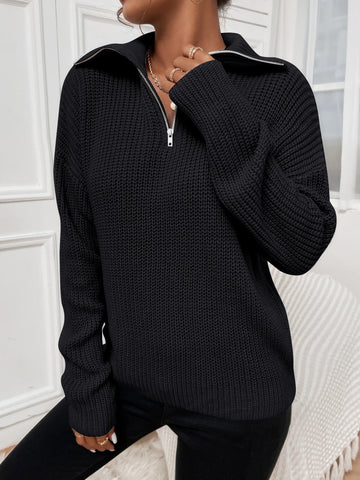 Flirla Ribbed Knit Half Zipper Drop Shoulder Sweater