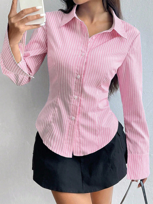 Women's Casual Slim Fit Striped Long Sleeve Shirt