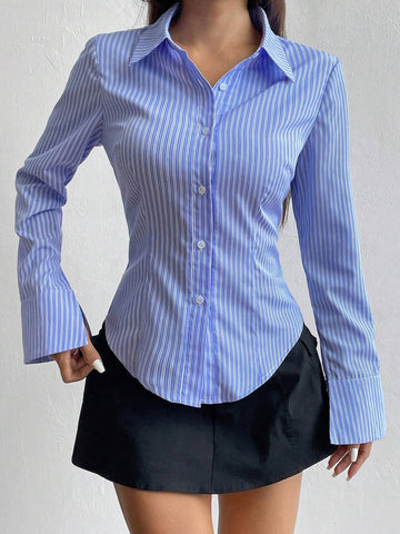 Women's Casual Slim Fit Striped Long Sleeve Shirt