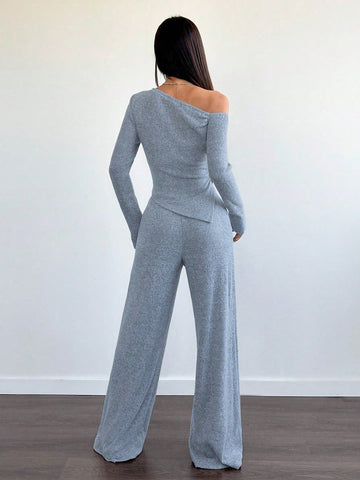 Women's Casual Asymmetrical Shoulder Fuzzy T-Shirt + Wide Leg Low Waist Pants