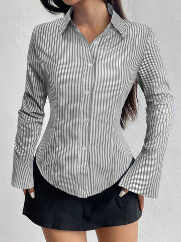 Women's Casual Slim Fit Striped Long Sleeve Shirt