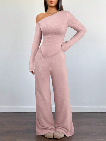 Women's Casual Asymmetrical Shoulder Fuzzy T-Shirt + Wide Leg Low Waist Pants
