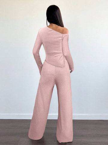Women's Casual Asymmetrical Shoulder Fuzzy T-Shirt + Wide Leg Low Waist Pants