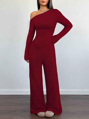 Women's Casual Asymmetrical Shoulder Fuzzy T-Shirt + Wide Leg Low Waist Pants