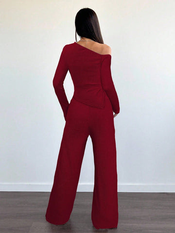 Women's Casual Asymmetrical Shoulder Fuzzy T-Shirt + Wide Leg Low Waist Pants